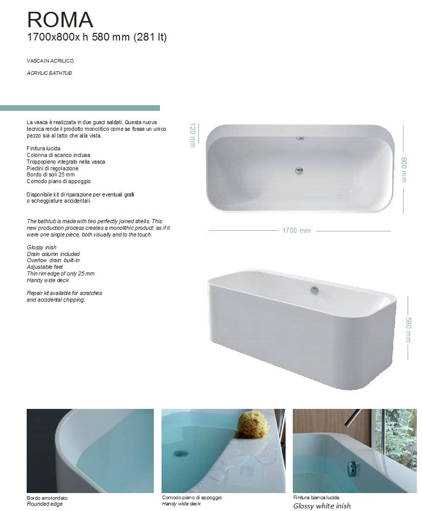 Vasca da bagno Freestanding COLACRIL Roma 170x80x58