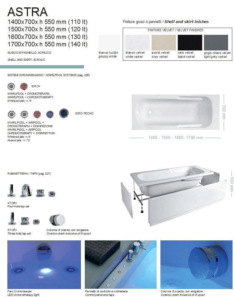 Vasca da Bagno Idromassaggio COLACRIL Astra Versione Idro e IdroTecno - Dimensioni 140x70x55