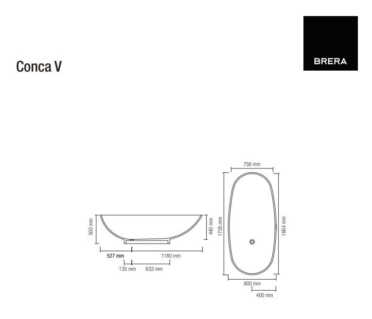 Vasca da Bagno BRERA Conca V in Betacryl - Dimensioni 170,5x80x47,5 - StileVasca - Vasca Freestanding